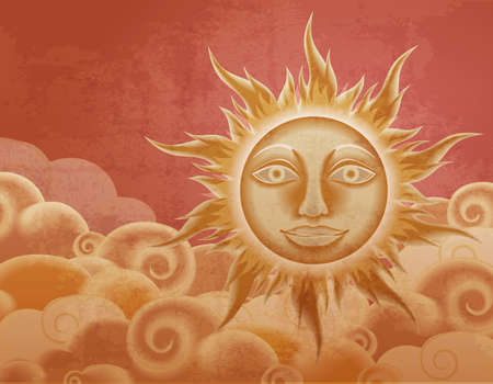 Retro style sun and clouds illustrationのイラスト素材