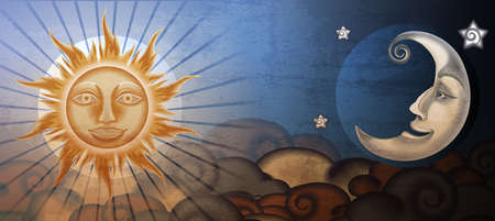 Grunge sun and moon in front of clouds. Fresco imitation.のイラスト素材