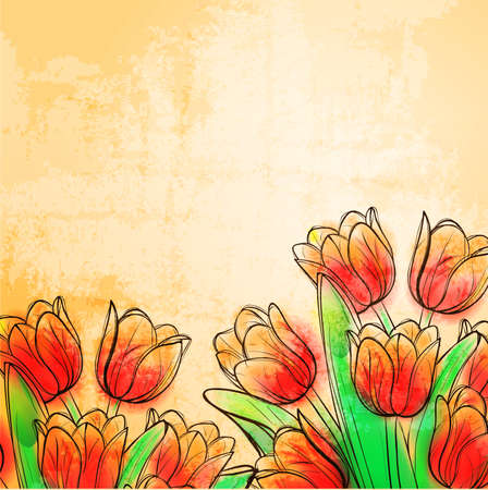 Retro watercolor tulipsのイラスト素材