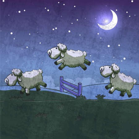Three sheep  jumping over the fence. Count them to sleep.のイラスト素材
