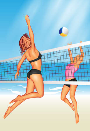 Two young women playing beach volleyball