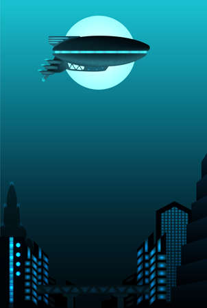Science fiction poster design with space for text. Zeppelin in front of urban landscape.のイラスト素材