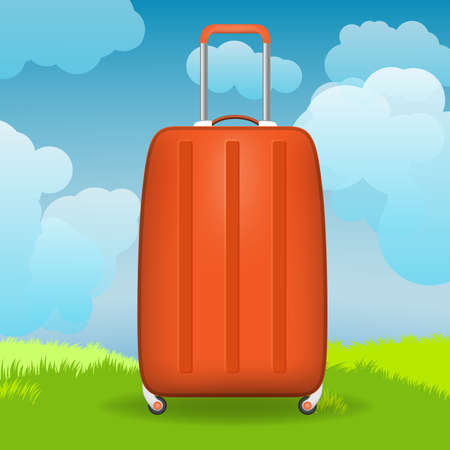 Modern suitcase in front of grass and skyのイラスト素材