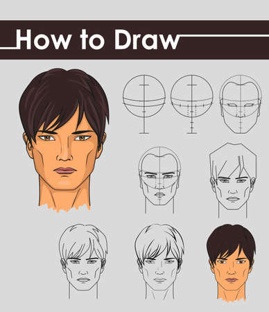 Draw tutorial. Step by step. Male face.のイラスト素材