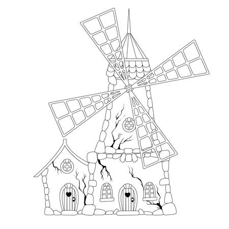 Coloring book: Abandoned windmillのイラスト素材