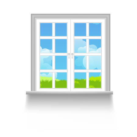 Window with sky, clouds and grass outsideのイラスト素材
