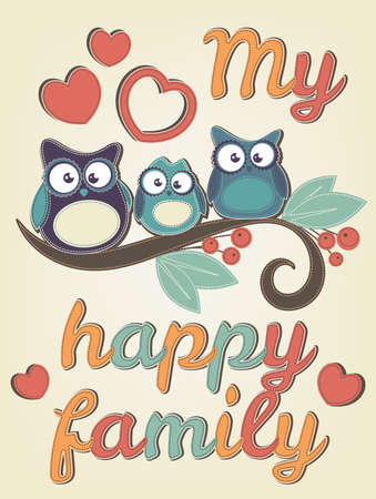 Owl family sitting on a tree branchのイラスト素材