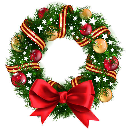 Christmas Wreath with ribbons, balls and bow isolatedのイラスト素材