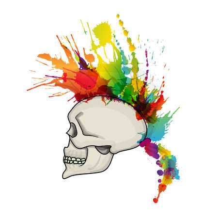 Skull with mohawk hair style made of colorful grunge splashesのイラスト素材