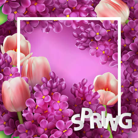 Bright lilac flowers and tulips decorative frame templateのイラスト素材