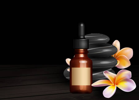 Realistic essential oil bottle, frangipani flowers and zen stonesのイラスト素材