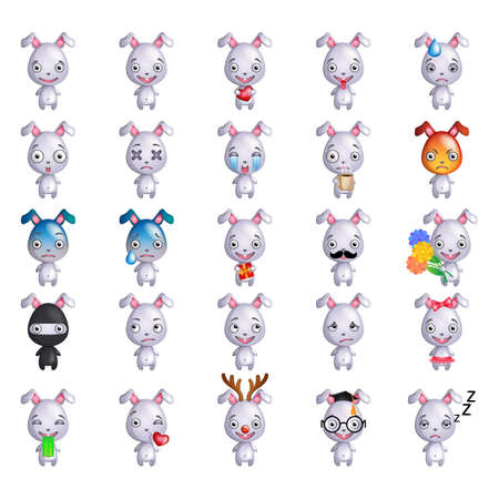 Set of cute bunny  smiley emoticons or emojiのイラスト素材