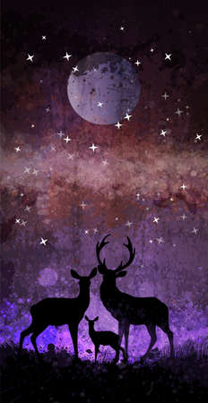 Deer family silhouette in front of bright night sky with moon and starsのイラスト素材
