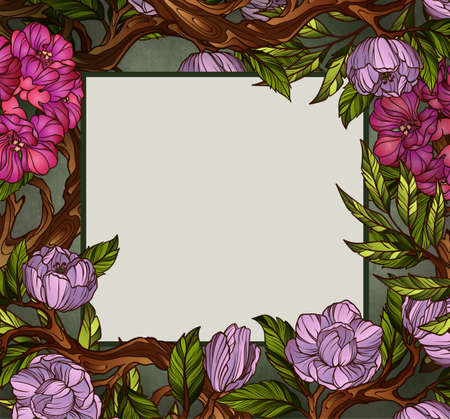 Square shaped greeting card template decorated with flowers and leavesのイラスト素材