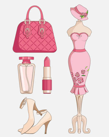 Woman fashion elements set on white background, vector illustration.のイラスト素材