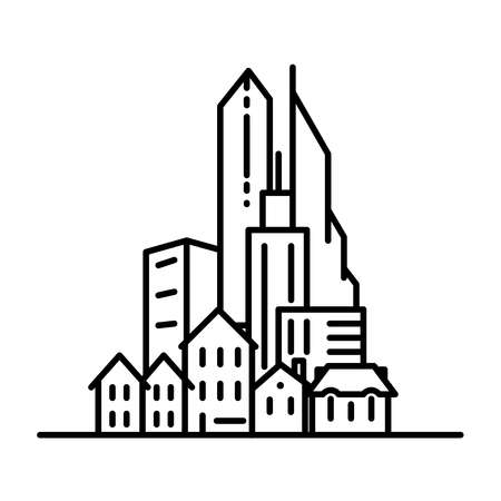 Flat line art urban landscape illustration. Isolated on white background.のイラスト素材