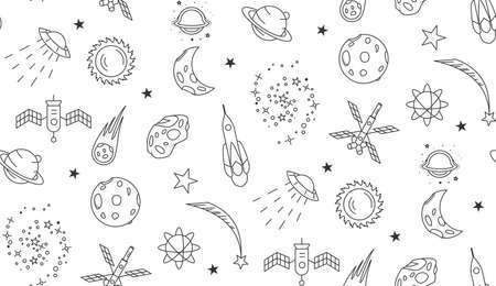 Space doodle seamless pattern. Outline space elements stars planets spaceshipsのイラスト素材