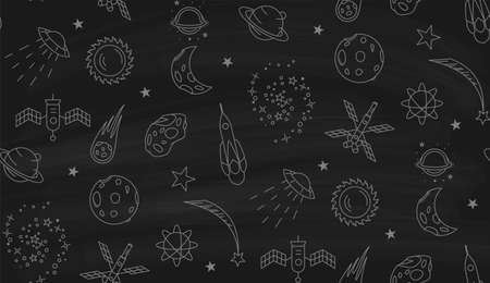 Space doodle seamless pattern. Outline space elements stars planets spaceshipsのイラスト素材