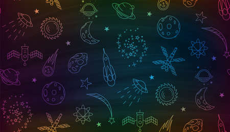Space doodle seamless pattern. Outline space elements stars planets spaceshipsのイラスト素材