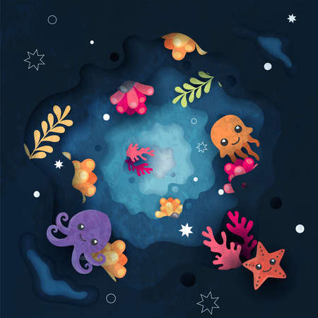 Under water life cute cartoon backgroundのイラスト素材