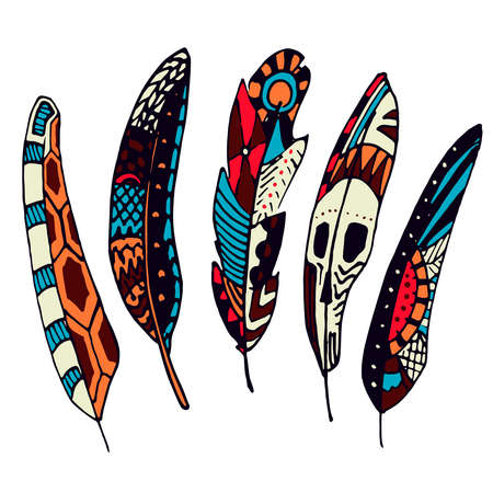 Set of colorful hand drawn Ethnic feathers. Ornate doodle quills. Vintage decorative elementsのイラスト素材