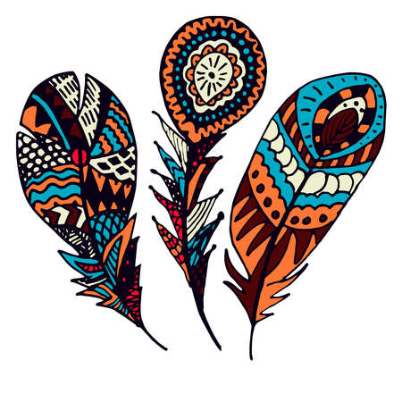 Set of colorful hand drawn Ethnic feathers. Ornate doodle quills. Vintage decorative elementsのイラスト素材