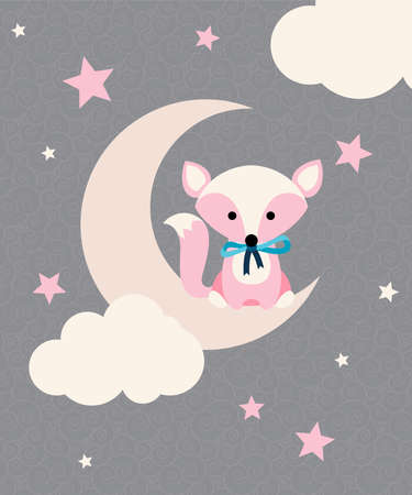 Cute fox with tie sitting on the crescent in front of stars and clouds. Vector illustrationのイラスト素材