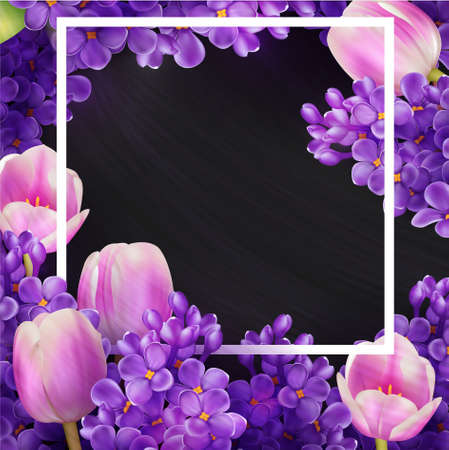 Lilacs and tulips floral square frame. Greeting card, invitation or poster templateのイラスト素材