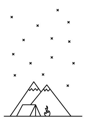 Landscape with mountains, tent and campfire. Outdoor travel concept. Line art illustrationのイラスト素材