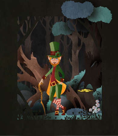 Fairy tale illustration Leprechaun wearing hardtop hat with pot of gold coins in front of dark forestのイラスト素材