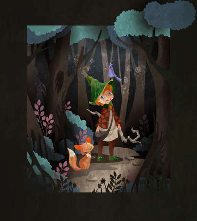 Fairy tale illustration cute little boy wizard in front of night forest with magic staff and foxのイラスト素材