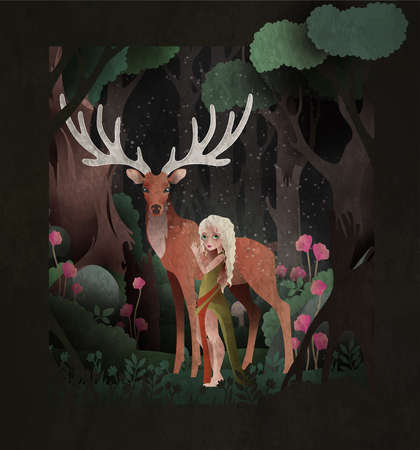 Fairy tale illustration girl and king stag in front of dark magic forestのイラスト素材