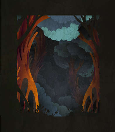 Dark magic fairytale forest background with space for text. Template for poster, print or greeting cardのイラスト素材