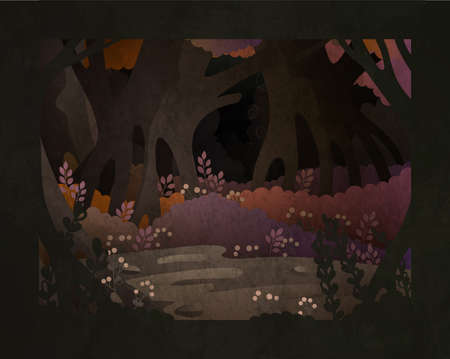 Fairy tale vector illustration. Dark forest backgroundのイラスト素材