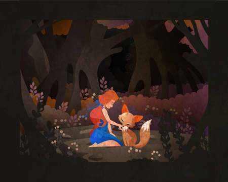 Girl sitting with fox in front of dark magic forest. Fairy tale book cover vector illustrationのイラスト素材