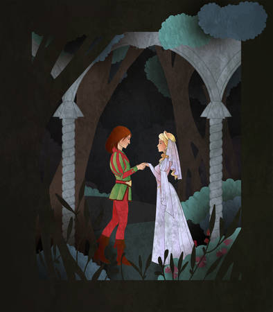 Prince and Princes fairy tale book cover illustration. Couple of character in fron of magic forest.のイラスト素材