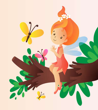 Little cute fairy sitting on the tree branch surounded by flyingのイラスト素材