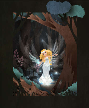 Fairy tale book cover illustration swan princess in front of dark magic forest /のイラスト素材