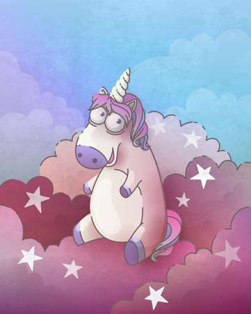 Cute plump smiling unicorn sitting on the cloud surrounded by starsのイラスト素材