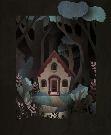 Fairy tale illustration little house in front of dark forestのイラスト素材