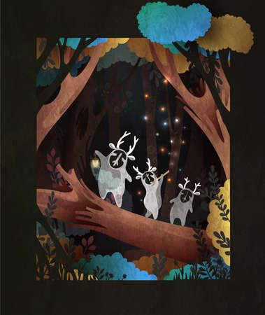 Three horned little cute forest spirits forest spirits dancing on the fallen log. Fairy tale vector illustration.のイラスト素材