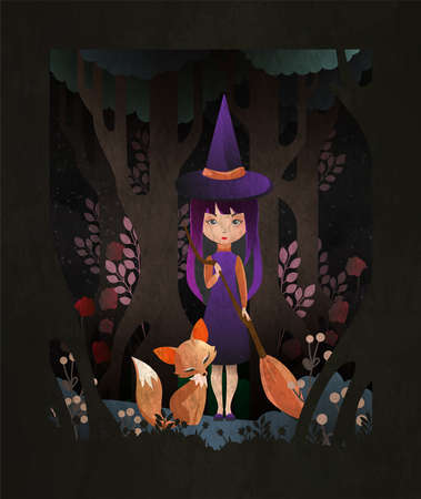 Fairy tale illustration little witch with broom and sitting fox in front of night forestのイラスト素材