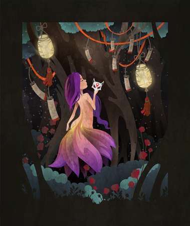 Kitsune or Nine-taled fox shapeshifter asian fairy tale character vector illustrationのイラスト素材