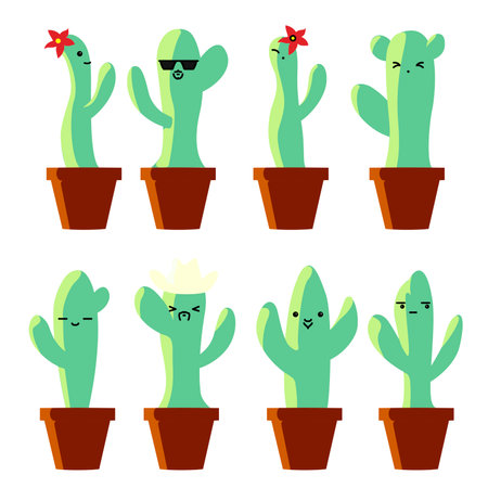 Set of funny cheerfull cactuses in potsのイラスト素材