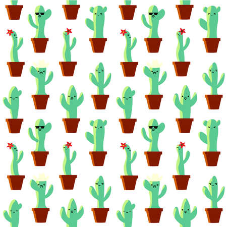 Funny cactuses in pots seamless textureのイラスト素材