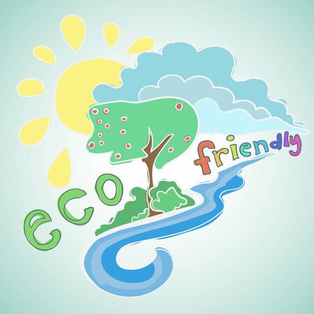 Nature eco friendly cartoon hand lettering and doodles elements landscape. Vector illustrationのイラスト素材