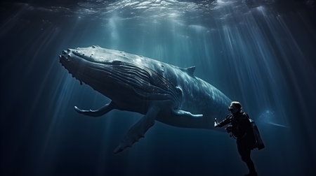 Humpback whale in the deep blue ocean. 3d renderingの素材