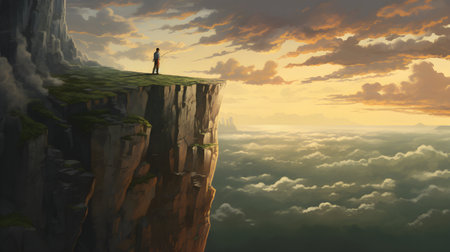 Man standing on the edge of a cliff and looking at the sunsetの素材