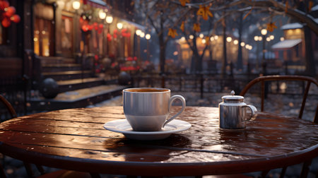 Coffee cup on a wooden table in an outdoor cafe in the eveningの素材