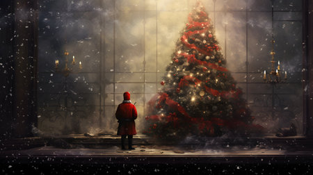 Christmas and New Year concept. Silhouette of a girl in a red coat stands near the window and looks at a Christmas tree.の素材